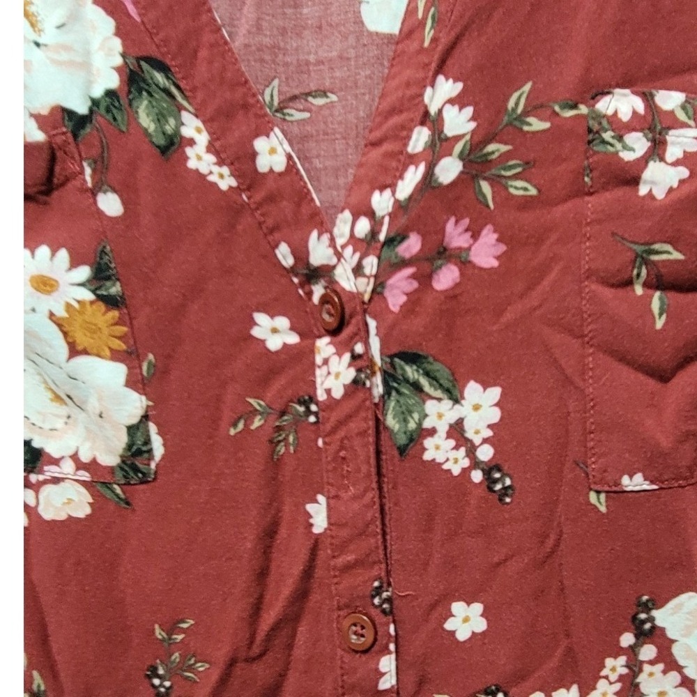 Torrid Womens 3 Floral Button Front Blouse Burgundy Red Rayon Babydoll Top - Picture 3 of 9